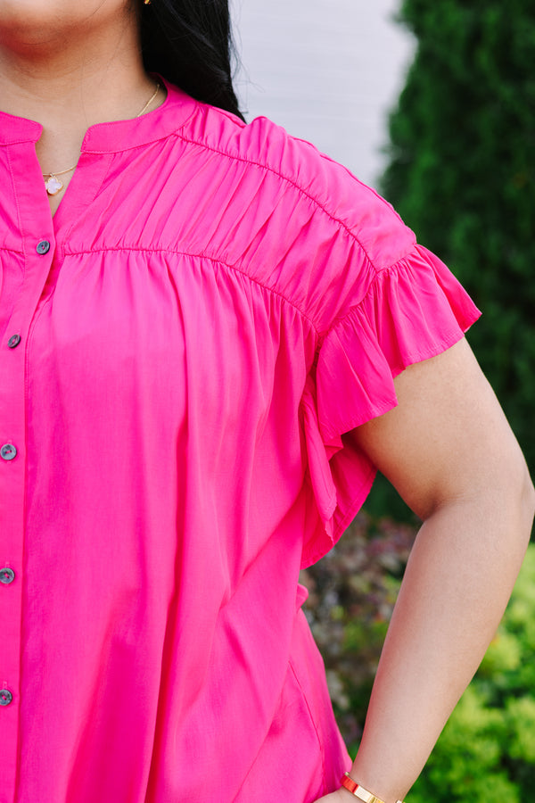 Chic Soul plus size clothing, fuchsia button down flowy top with short flutter sleeves