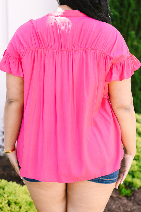 Chic Soul plus size clothing, fuchsia button down flowy top with short flutter sleeves