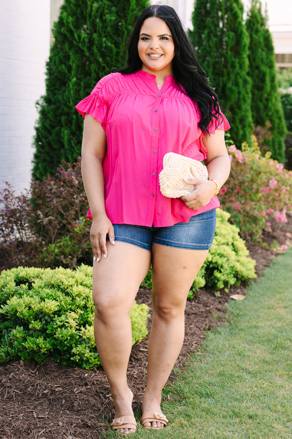 Chic Soul plus size clothing, fuchsia button down flowy top with short flutter sleeves