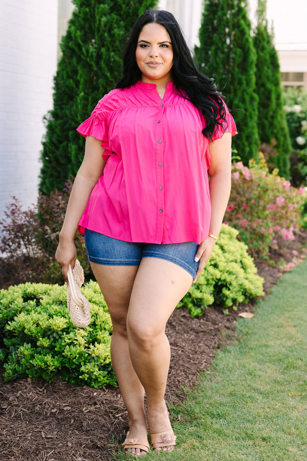Chic Soul plus size clothing, fuchsia button down flowy top with short flutter sleeves