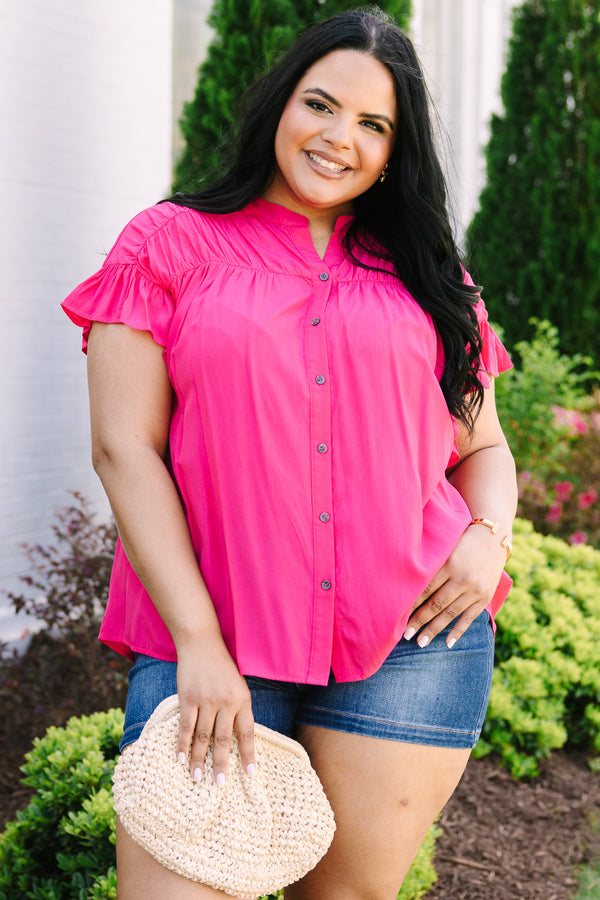Chic Soul plus size clothing, fuchsia button down flowy top with short flutter sleeves