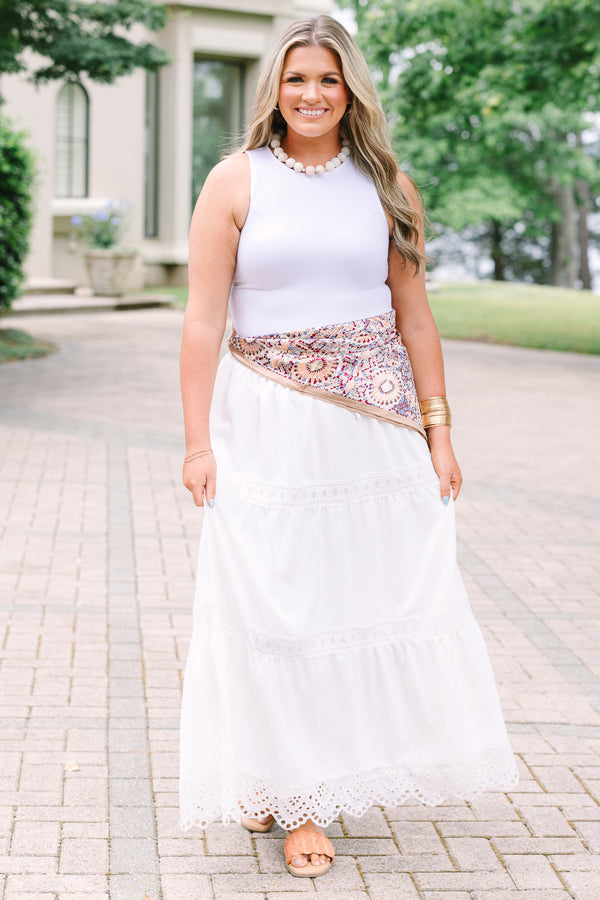 Plus Size white tiered maxi skirt with lace trim, eyelet hem, and drawstring waist.