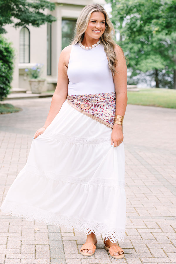 Plus Size white tiered maxi skirt with lace trim, eyelet hem, and drawstring waist.