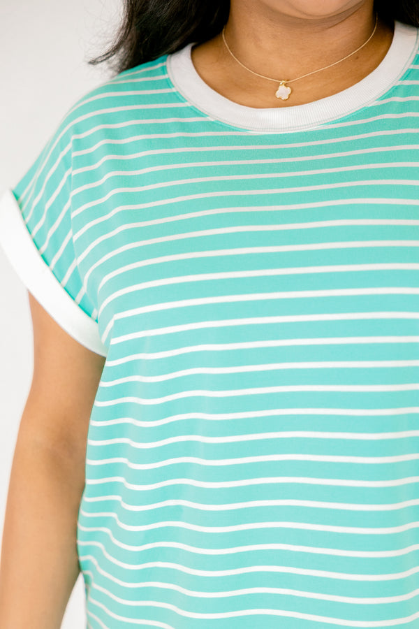 Plus Size mint and white horizontal striped tee with white contrast trim on the neck and sleeves.