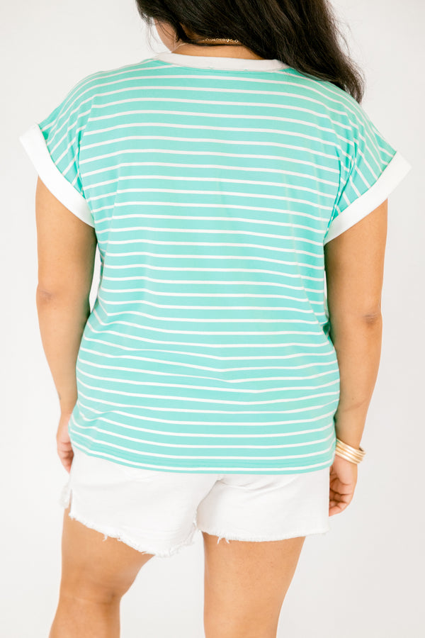 Plus Size mint and white horizontal striped tee with white contrast trim on the neck and sleeves.