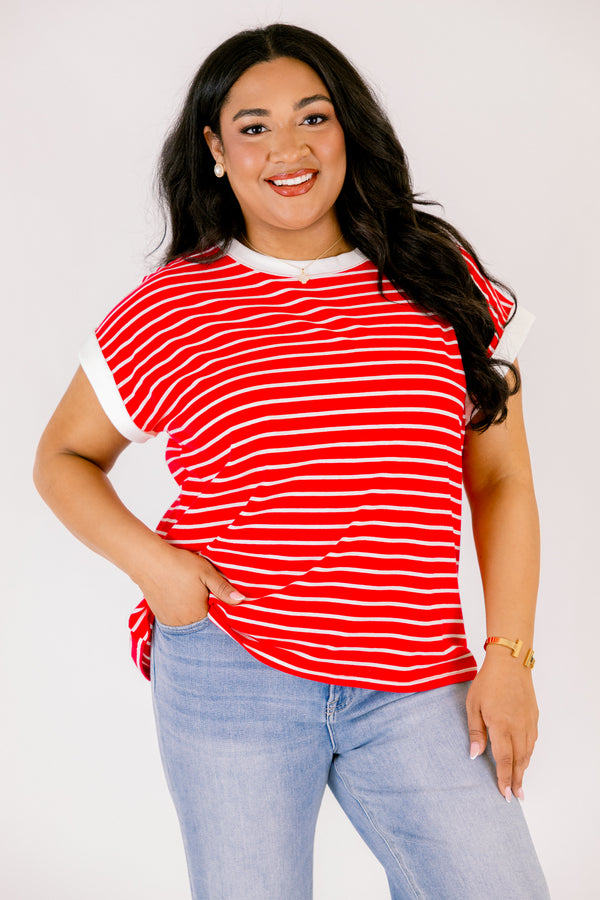 Chic Soul plus size clothing, bright red short sleeve tee with white thin horizontal stripes and thicker white stripe around the neckline and sleeves
