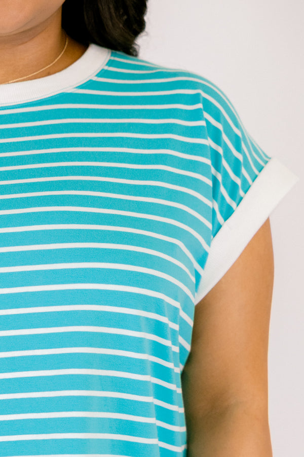 Chic Soul plus size clothing, turquoise striped short sleeve tee with white outlining the end of each sleeve and going along the neckline 