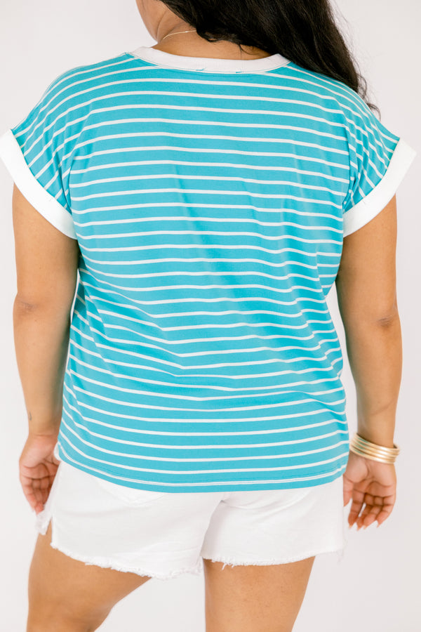 Chic Soul plus size clothing, turquoise striped short sleeve tee with white outlining the end of each sleeve and going along the neckline 