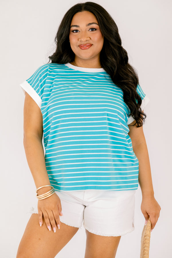 Chic Soul plus size clothing, turquoise striped short sleeve tee with white outlining the end of each sleeve and going along the neckline 