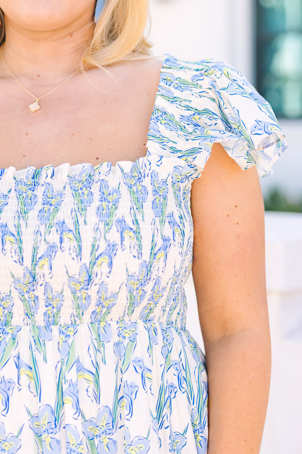 Chic Soul plus size clothing, cream and blue floral short flutter sleeve tiered midi dress with smocking along the top of the dress and square neckline
