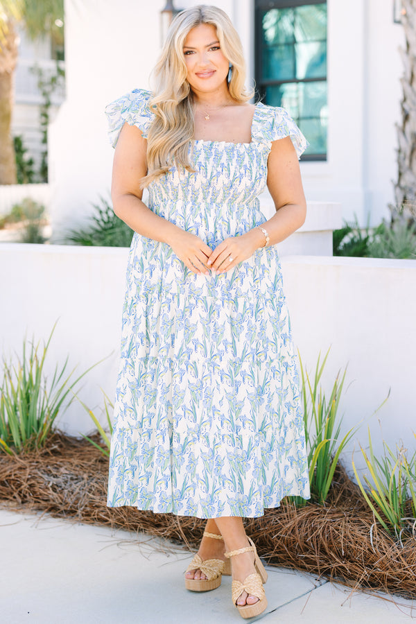 Chic Soul plus size clothing, cream and blue floral short flutter sleeve tiered midi dress with smocking along the top of the dress and square neckline