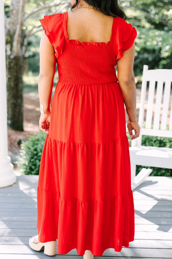 Chic Soul plus size clothing, red babydoll maxi dress with flutter layered sleeves, a tiered skirt, and shirring at the top