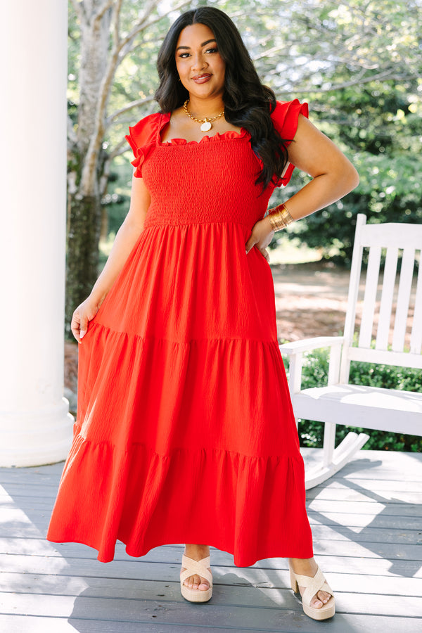 Chic Soul plus size clothing, red babydoll maxi dress with flutter layered sleeves, a tiered skirt, and shirring at the top