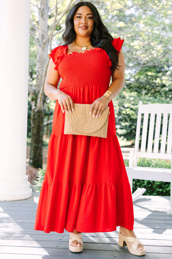 Chic Soul plus size clothing, red babydoll maxi dress with flutter layered sleeves, a tiered skirt, and shirring at the top