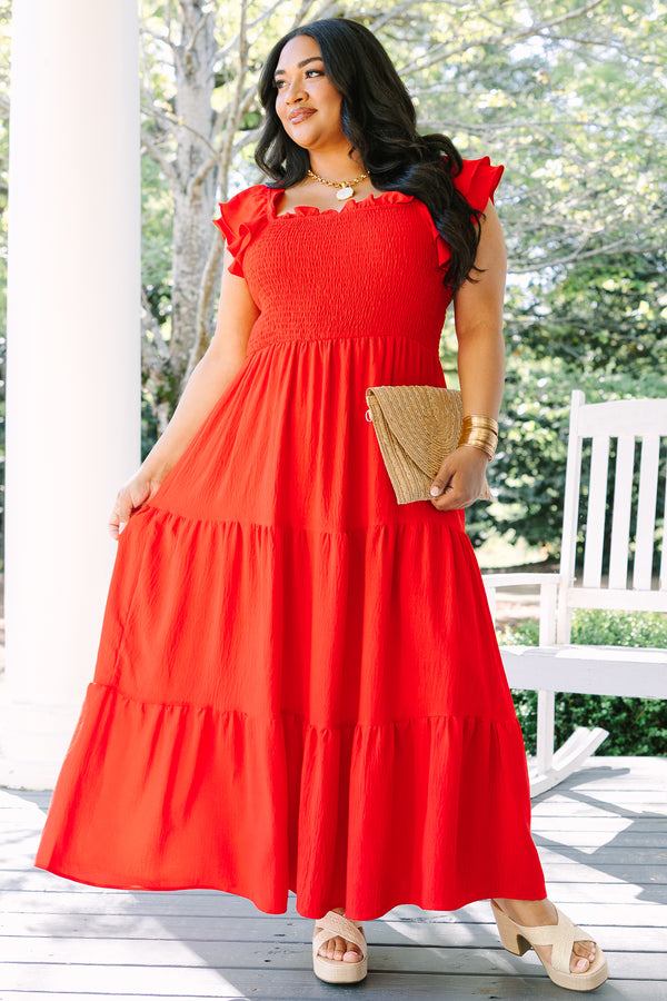 Chic Soul plus size clothing, red babydoll maxi dress with flutter layered sleeves, a tiered skirt, and shirring at the top