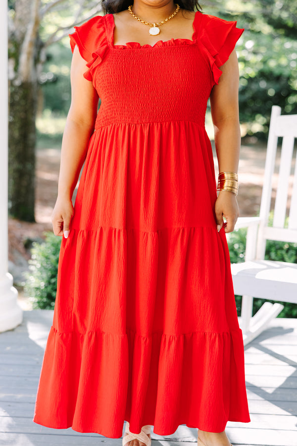 Chic Soul plus size clothing, red babydoll maxi dress with flutter layered sleeves, a tiered skirt, and shirring at the top