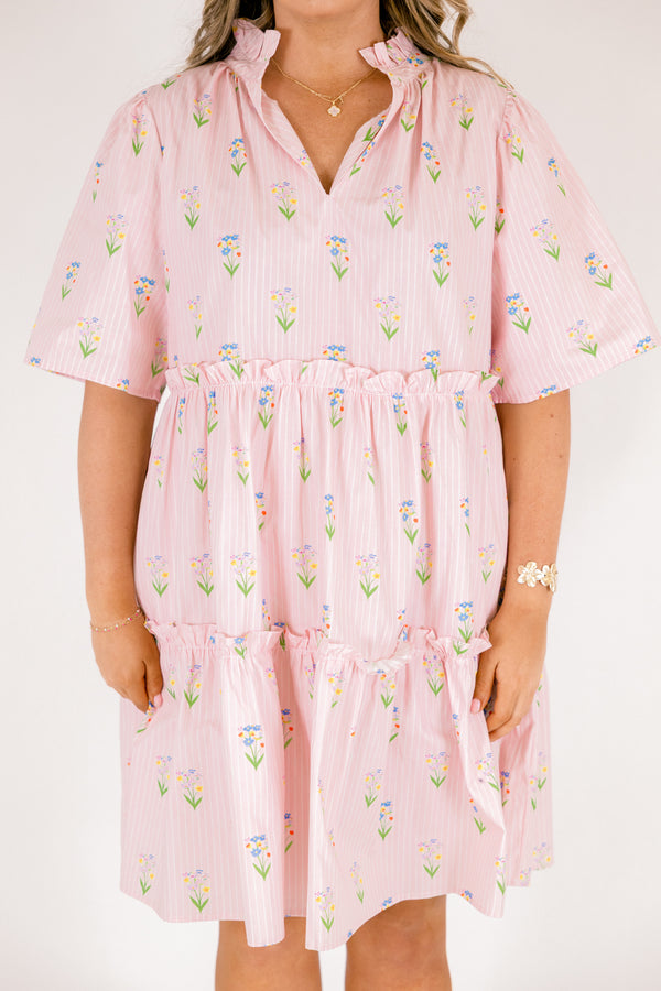 Chic Soul plus size clothing, light pink and white pin stripe babydoll short sleeve short dress with green and light pink floral print and v-neckline
