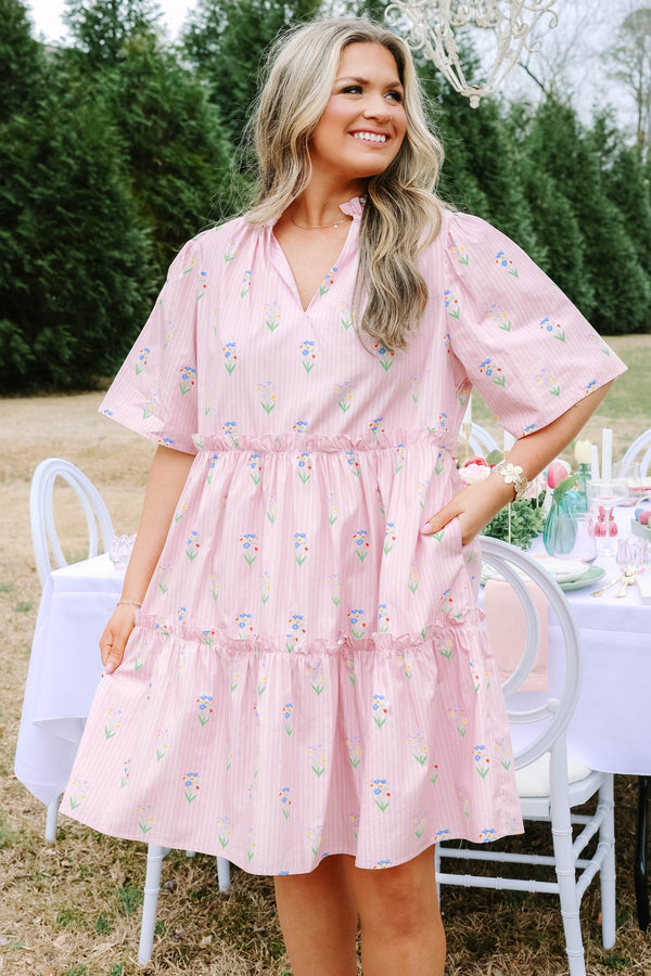 Chic Soul plus size clothing, light pink and white pin stripe babydoll short sleeve short dress with green and light pink floral print and v-neckline