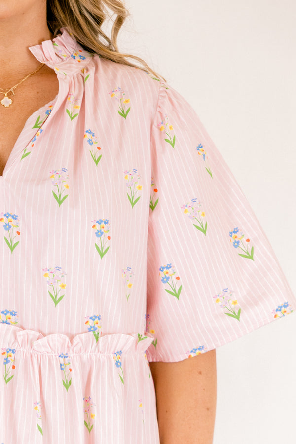 Chic Soul plus size clothing, light pink and white pin stripe babydoll short sleeve short dress with green and light pink floral print and v-neckline