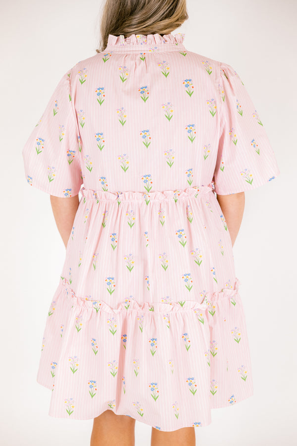 Chic Soul plus size clothing, light pink and white pin stripe babydoll short sleeve short dress with green and light pink floral print and v-neckline