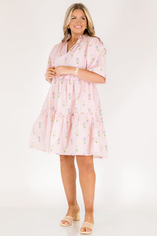 Chic Soul plus size clothing, light pink and white pin stripe babydoll short sleeve short dress with green and light pink floral print and v-neckline