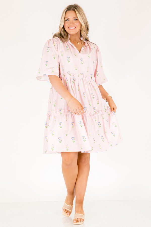 Chic Soul plus size clothing, light pink and white pin stripe babydoll short sleeve short dress with green and light pink floral print and v-neckline