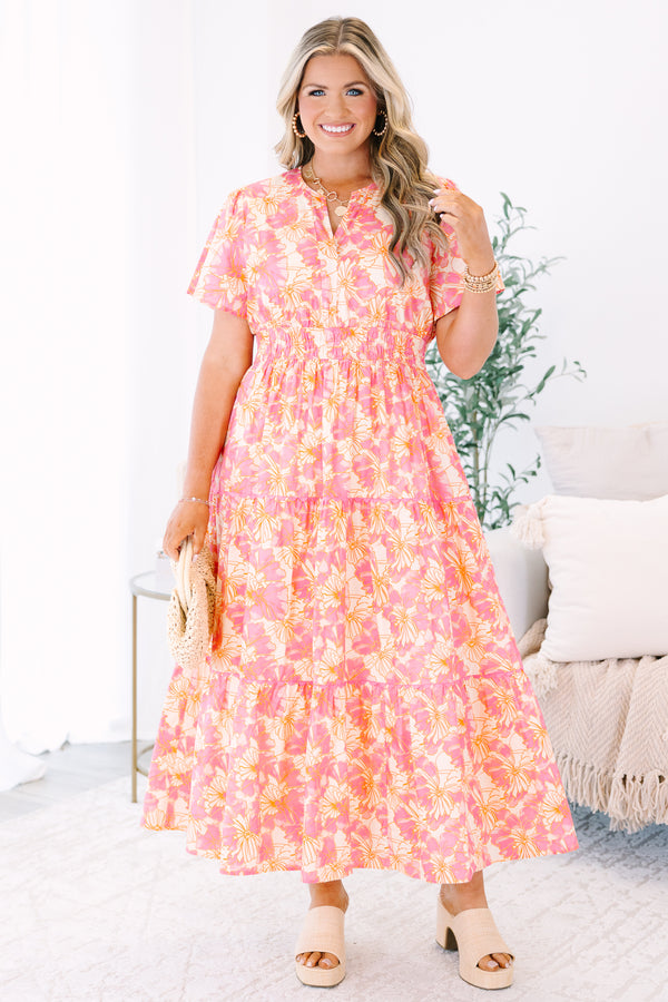 Plus Size pink and orange floral print midi dress with a V-neckline and tiered skirt.