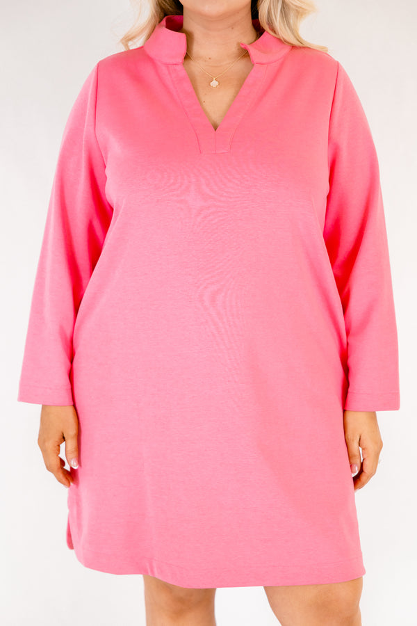 Chic Soul plus size clothing, hot pink long sleeve short athletic dress with v neckline 