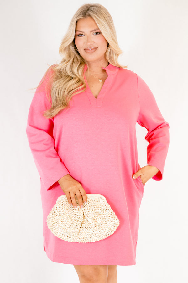 Chic Soul plus size clothing, hot pink long sleeve short athletic dress with v neckline 