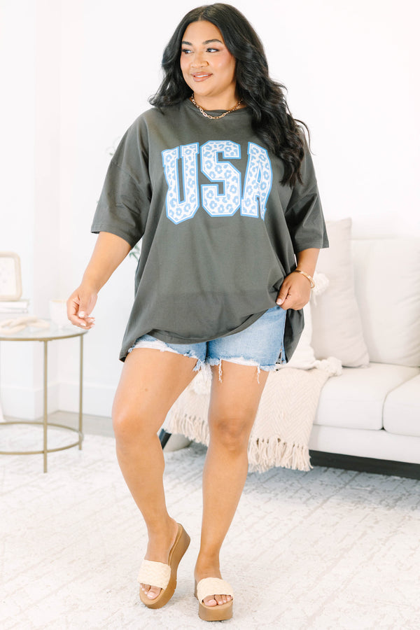 Plus Size smoke grey boyfriend tee with a blue leopard print USA graphic and denim shorts.