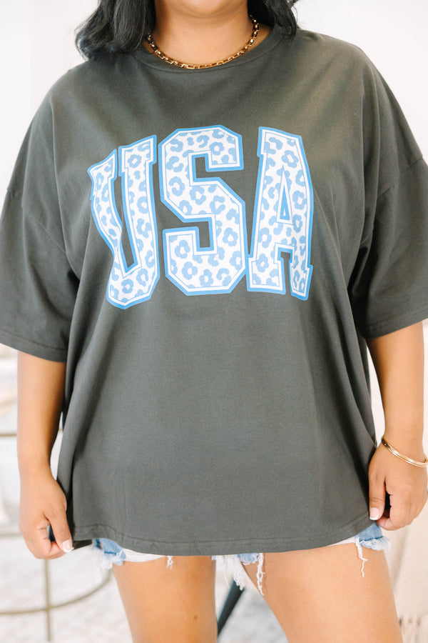 Plus Size smoke grey boyfriend tee with a blue leopard print USA graphic and denim shorts.