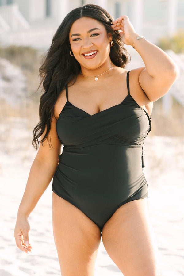 Chic Soul plus size clothing, black sleeveless one piece swimsuit with crisscross band around the top of the swimsuit