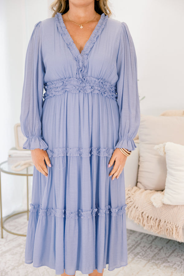 Chic Soul plus size clothing, light blue long sleeve tiered maxi v neckline maxi dress with ruffles around each tier and outlining the chest