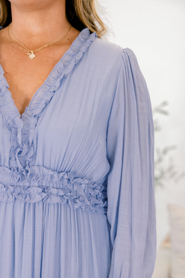 Chic Soul plus size clothing, light blue long sleeve tiered maxi v neckline maxi dress with ruffles around each tier and outlining the chest