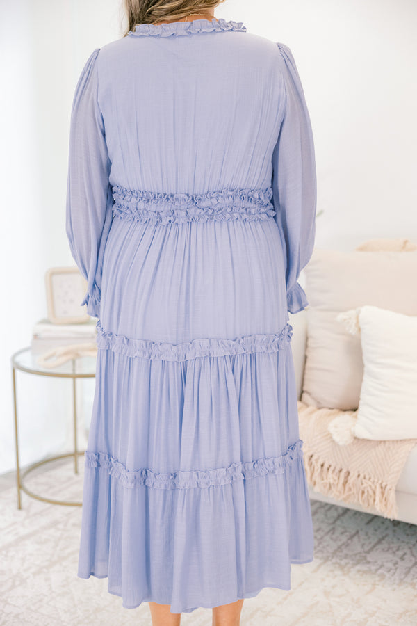 Chic Soul plus size clothing, light blue long sleeve tiered maxi v neckline maxi dress with ruffles around each tier and outlining the chest