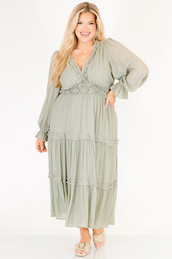 Chic Soul plus size clothing, light sage green long sleeve tiered maxi dress with ruffles around the chest and tiers 
