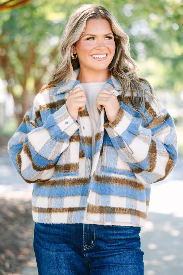 Plus Size blue and brown plaid cropped faux wool jacket with oversized front patch pockets.