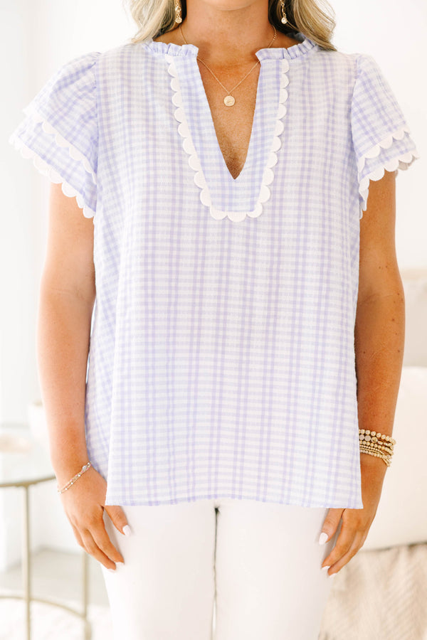 Chic Soul plus size clothing, lavender checkered short sleeve top with flutter sleeves and scalloped detailing