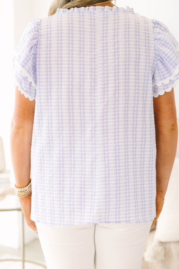 Chic Soul plus size clothing, lavender checkered short sleeve top with flutter sleeves and scalloped detailing