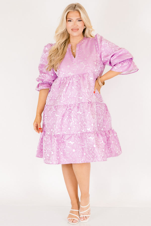 Chic Soul plus size clothing, periwinkle tiered knee length dress with half sleeves that have a ruffle detail at he end of each sleeve as well as a floral pattern 