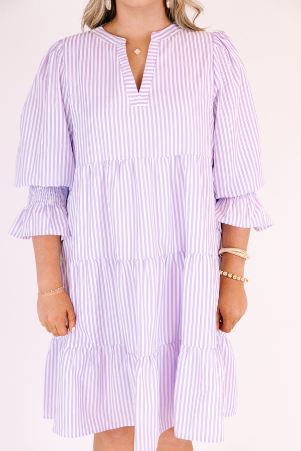 Chic Soul plus size clothing, purple tiered dress with half sleeves and slight v-neckline as well as a striped pattern throughout 
