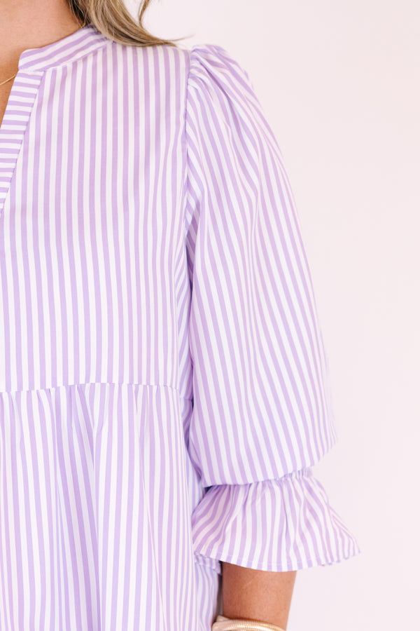 Chic Soul plus size clothing, purple tiered dress with half sleeves and slight v-neckline as well as a striped pattern throughout 