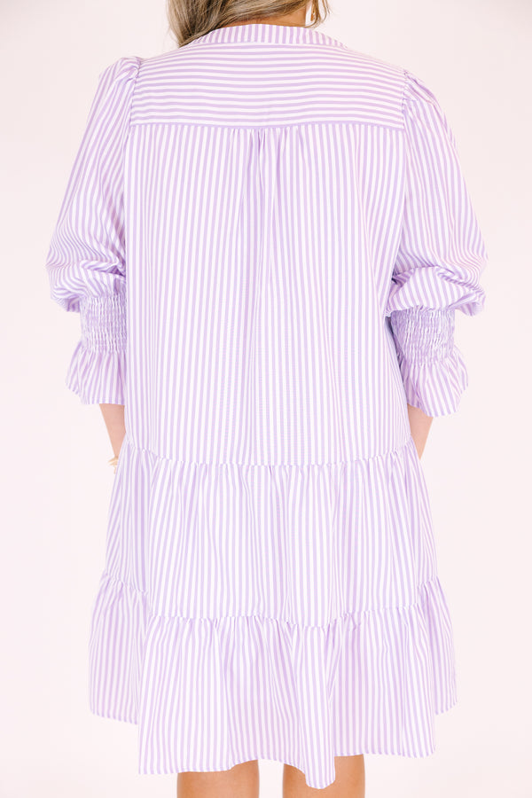Chic Soul plus size clothing, purple tiered dress with half sleeves and slight v-neckline as well as a striped pattern throughout 