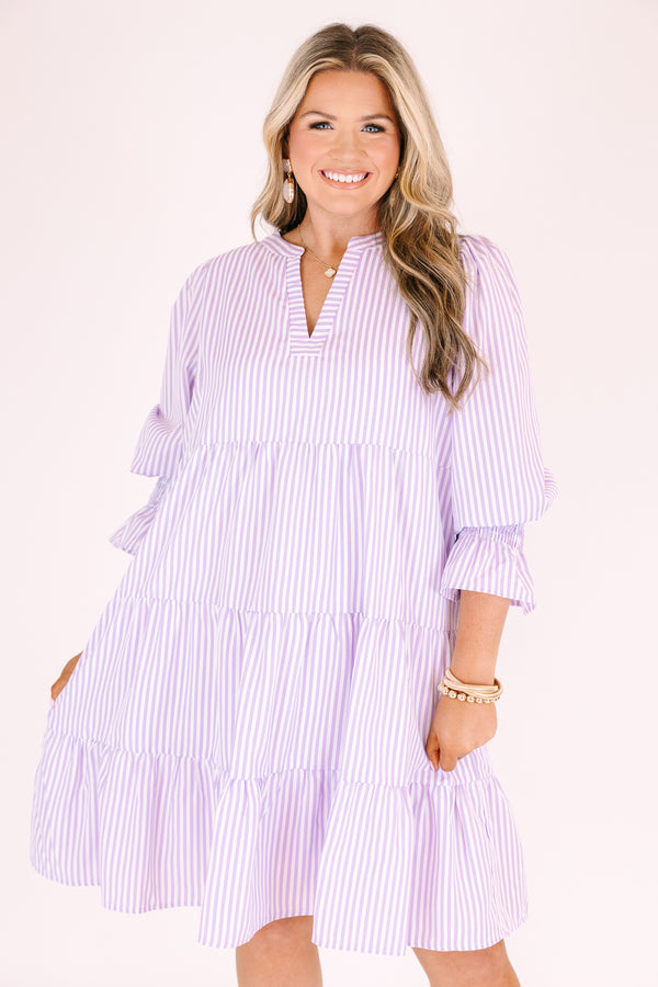Chic Soul plus size clothing, purple tiered dress with half sleeves and slight v-neckline as well as a striped pattern throughout 