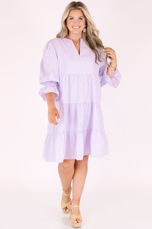Chic Soul plus size clothing, purple tiered dress with half sleeves and slight v-neckline as well as a striped pattern throughout 