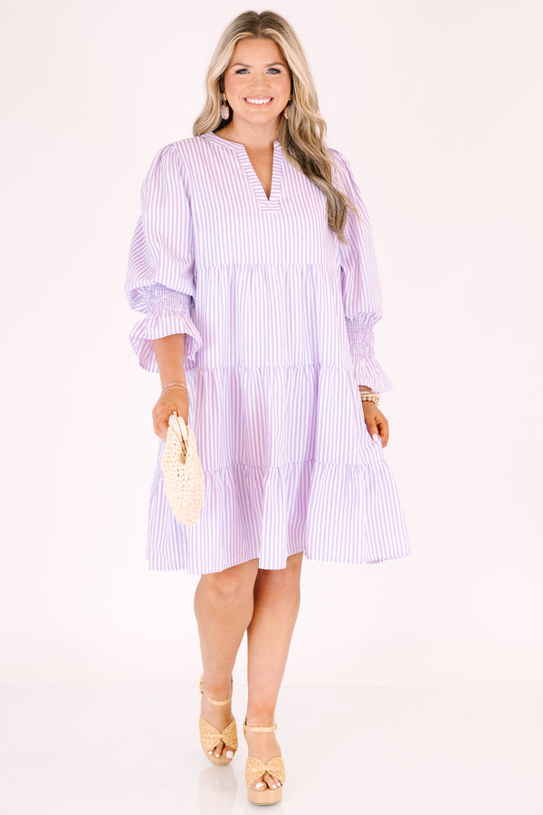Chic Soul plus size clothing, purple tiered dress with half sleeves and slight v-neckline as well as a striped pattern throughout 