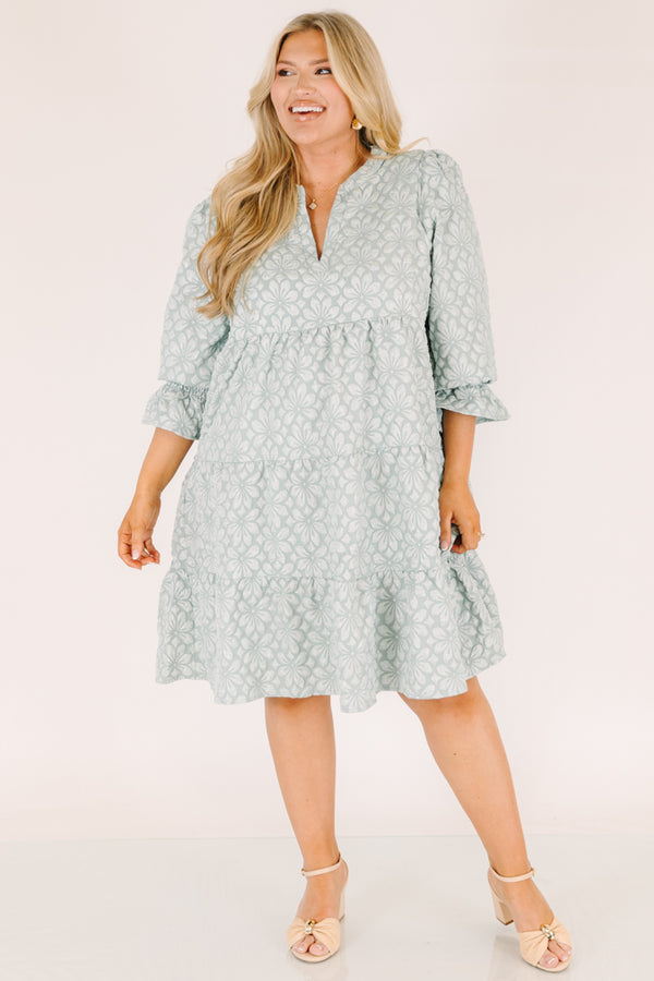 Chic Soul plus size clothing, light sage green short puff sleeve tiered baby doll dress with light floral print and v neck cutout