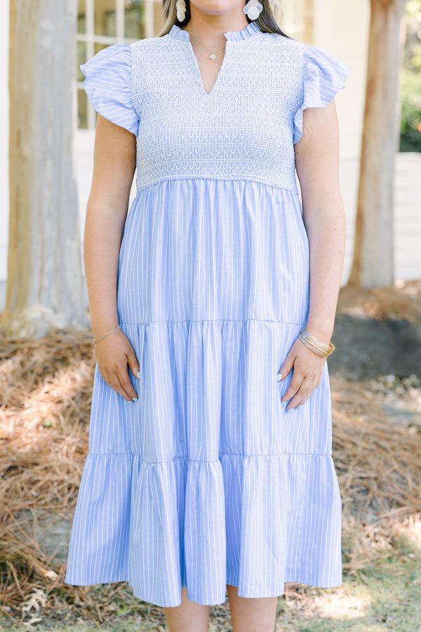 Chic Soul plus size clothing, light blue and white pinstripe tiered maxi dress with ruffle cap sleeves and cinching on the bodice 
