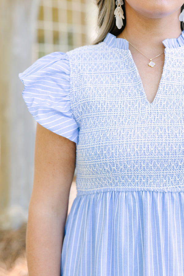 Chic Soul plus size clothing, light blue and white pinstripe tiered maxi dress with ruffle cap sleeves and cinching on the bodice 
