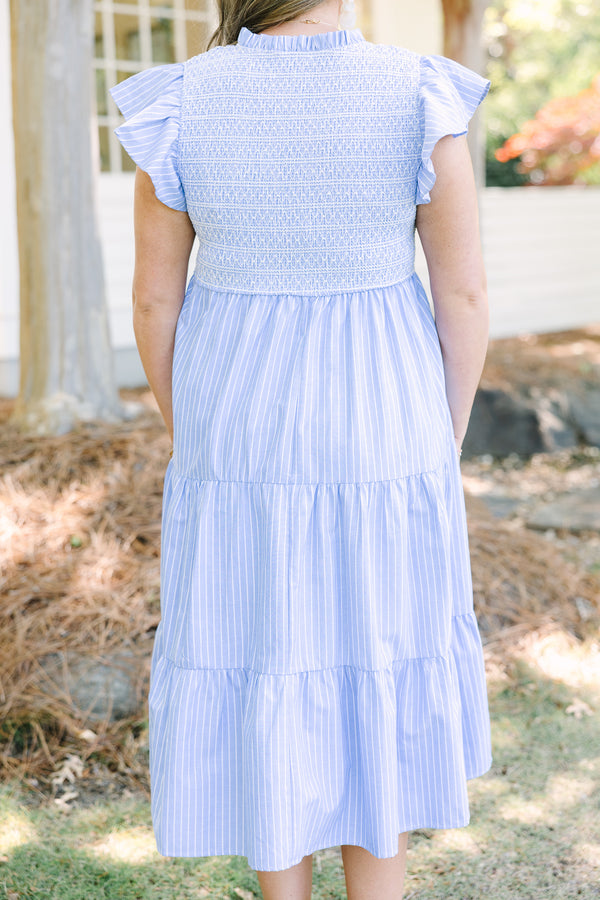 Chic Soul plus size clothing, light blue and white pinstripe tiered maxi dress with ruffle cap sleeves and cinching on the bodice 
